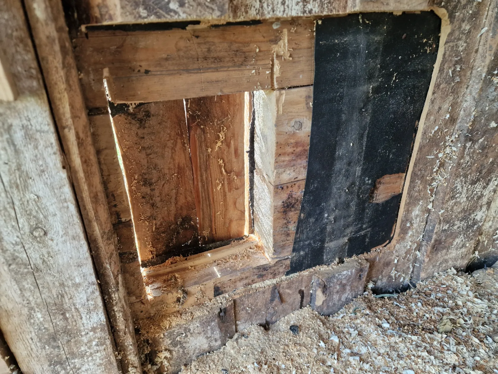 Utskjæringen av hullet i den gamle fjøsveggen er halvveis, sett fra innsiden.